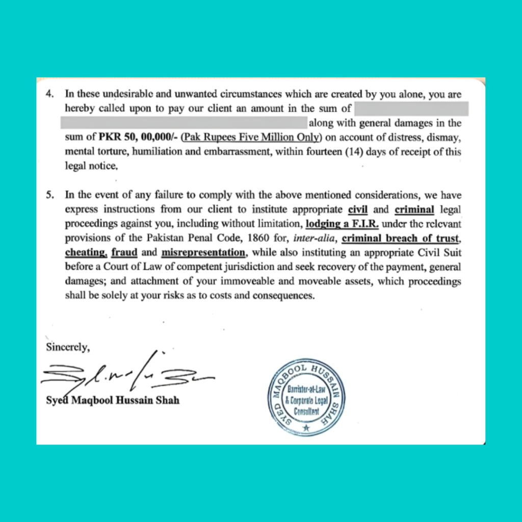 Legal notice from Sonya Hussyn, to Urwa Hocane
